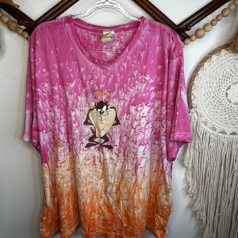 Vintage Looney Tunes Taz 100% Angel Pink Orange Tie Dye T